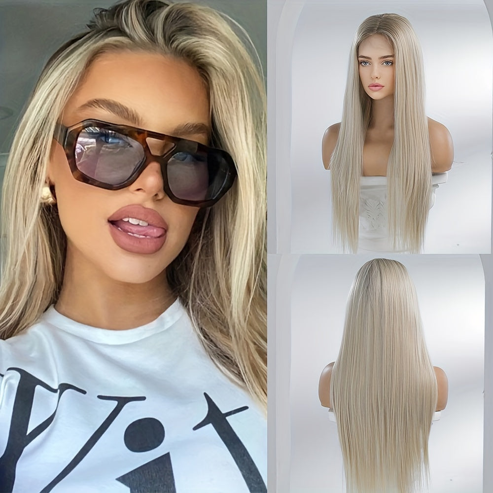 Luxurious 28-Inch Ombre Blonde to Brown Lace Front Wig - High-Quality Heat-Resistant Synthetic Fiber, Easy to Wear & Comfortable Fit for Music Festivals, Parties, Weddings, Holidays & Graduations - Natural-Looking Straight Ha